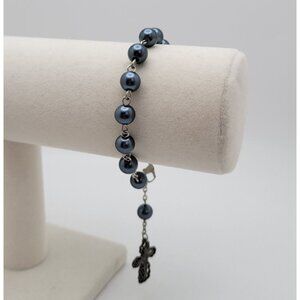 Religious Faith Rosary Style Dark Blue Gray Beaded Ornate Cross Charm Bracelet‎